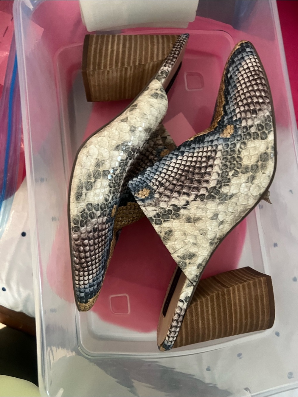 Steven By Steve Madden Snake-Print Block Heel Mules in Cream and Brown